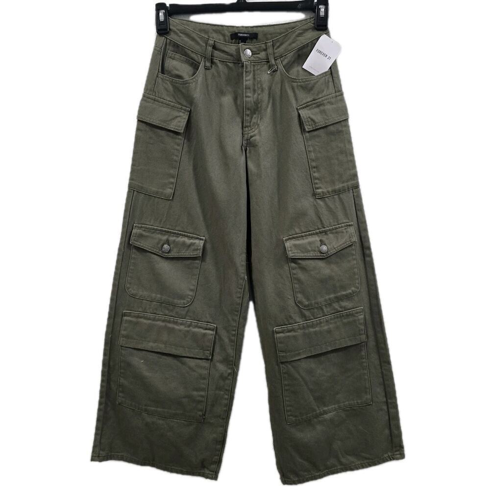 Forever 21 Womens Olive Cargo Pants Y2k Wide Leg Utility Multi Pocket Cotton S